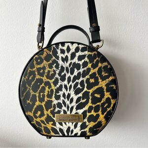 London Fog x Jeremy Scott Leather Leopard Print Round Crossbody Bag